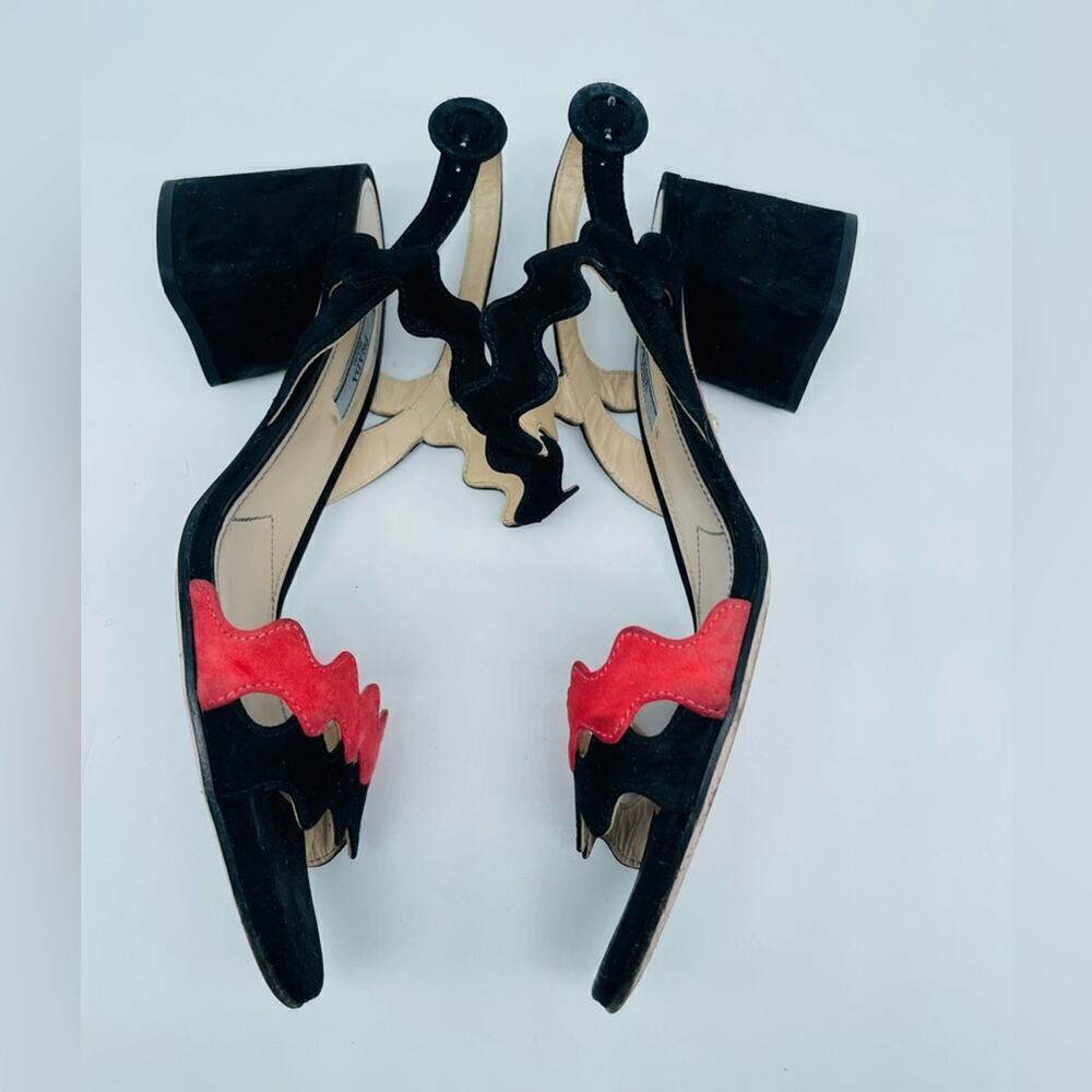 Prada Black Coral Red wavy strap block heel ankle strap open toe sandals EU39 - Picture 3 of 8